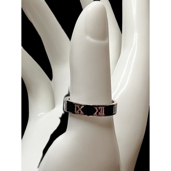 S925 Sterling Silver Vintage Black Roman Numeral Ring Wedding Band - Picture 2 of 7